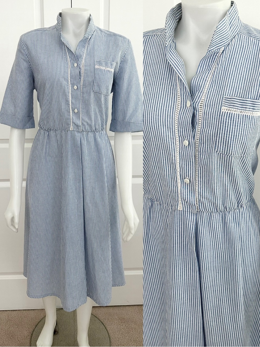 Vintage Seersucker Made In USA Blue & White Striped Lightweight Shirt Dress